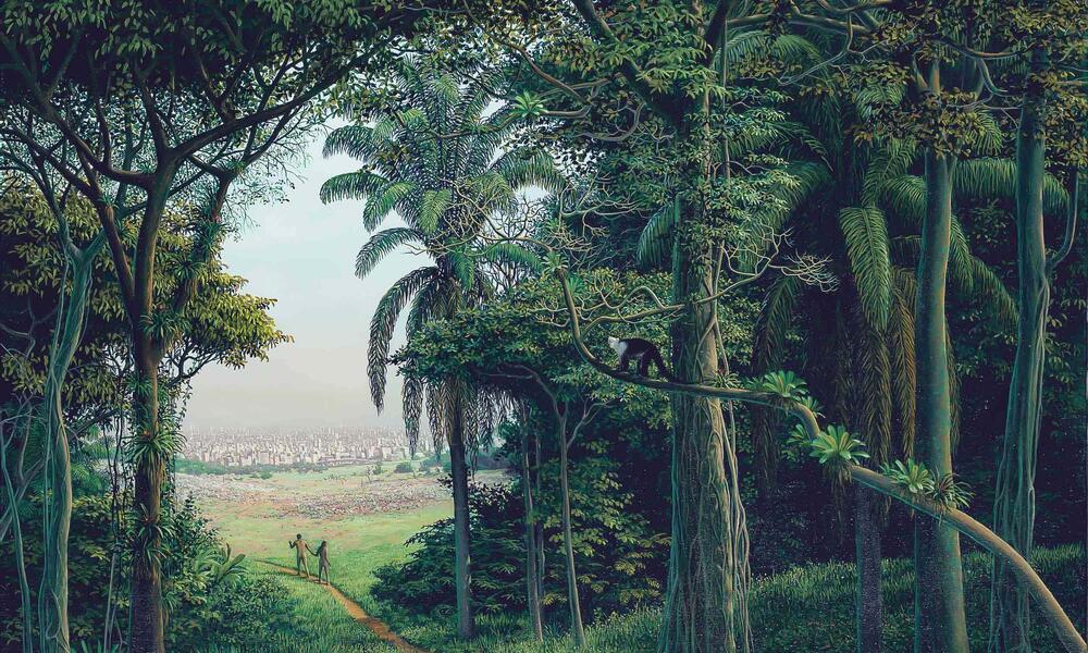 Painting of people walking out of a jungle