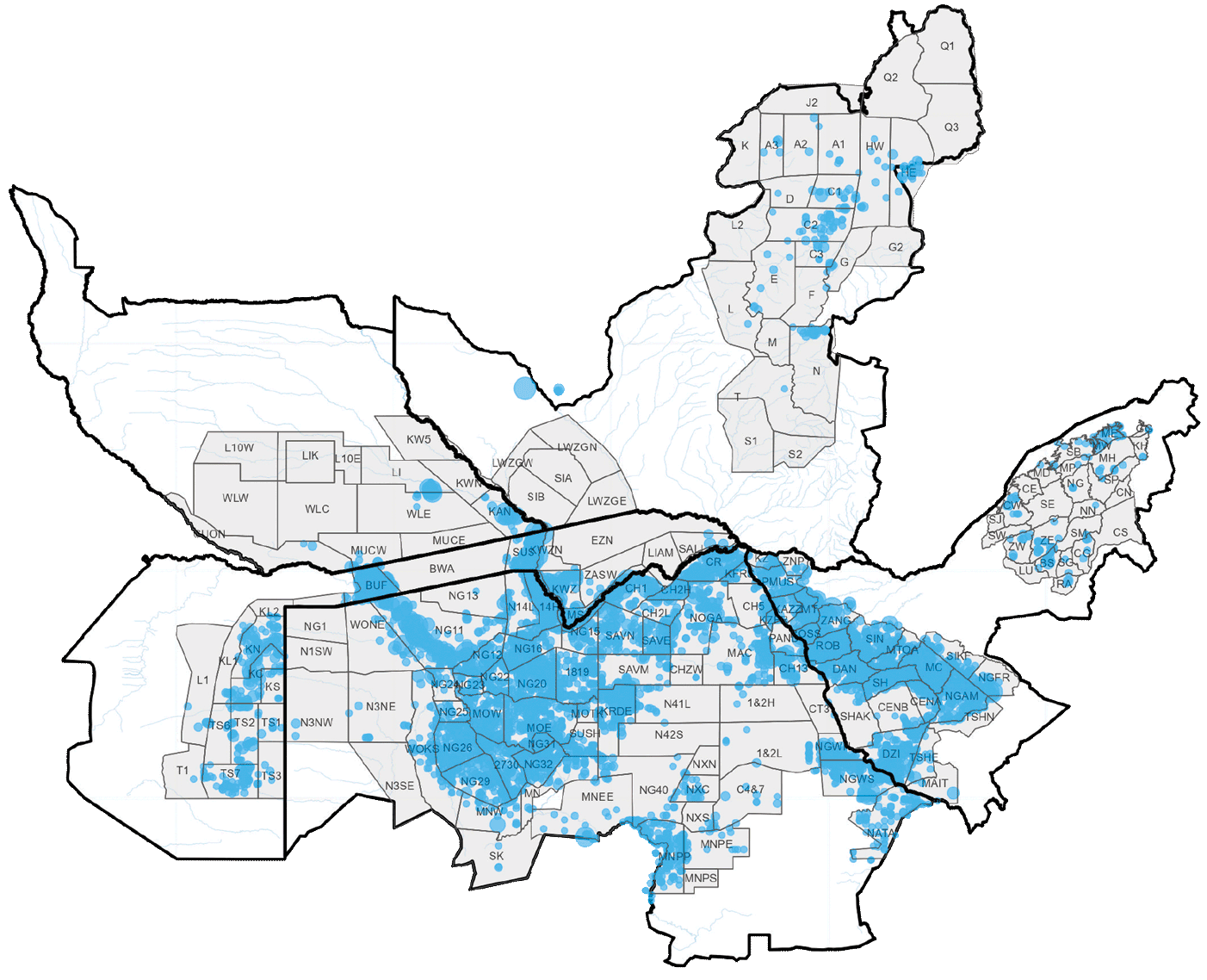 Map of KAZA with elephant results plotted in blue