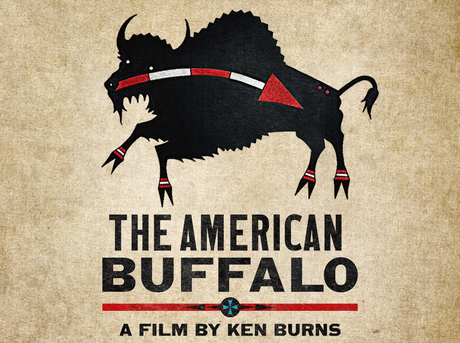 A tribal drawing of a bison with the information for Ken Burn's documentary 'The American Buffalo'