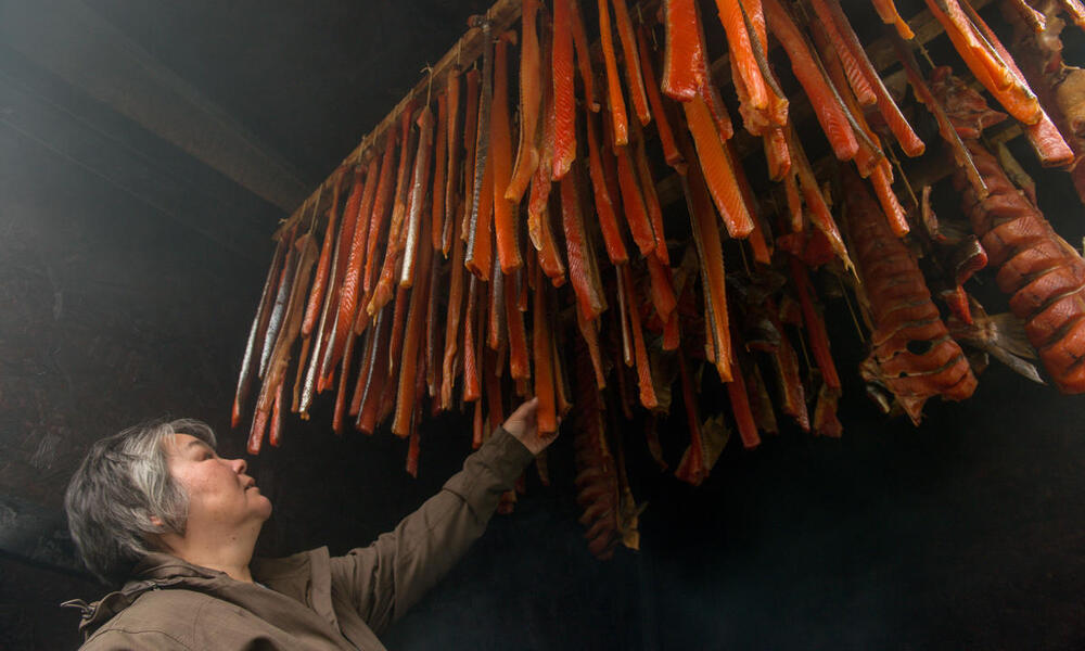 Kim Williams looks up to inspect strips of salmon inside her Bristol Bay smokehouse
