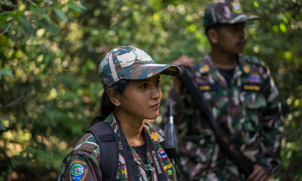 Woraya Makai (34) walks through the jungle during of a morning patrol together with a team of rangers. She’s the only female ranger deployed in Kui Buri and in charge of photographing and surveying the animals she’s seeing around the park.