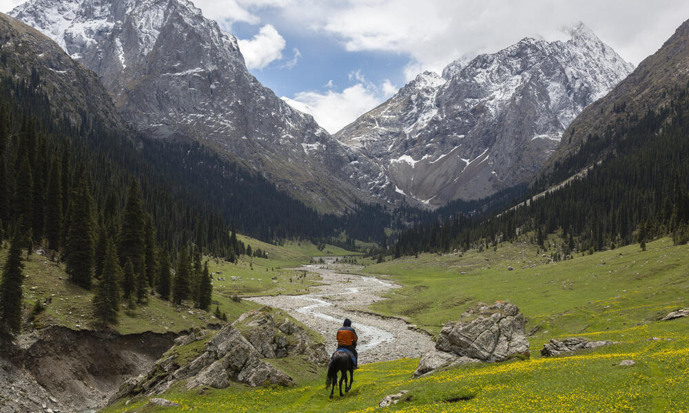 A horseback rider rides through the mountains