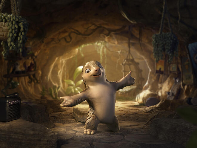 Still of an animated pangolin character, Lin the Pangolin, with his arms up saying hello.