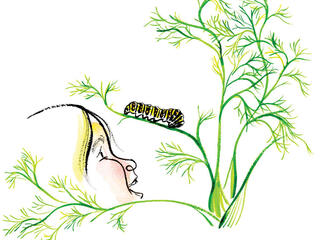 Illustration of a girl looking at a caterpillar