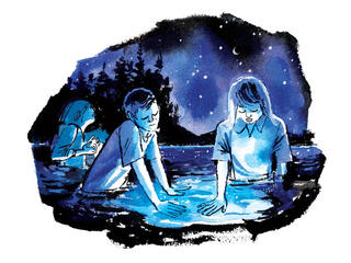 Illustration of two children playing in glowing water at night