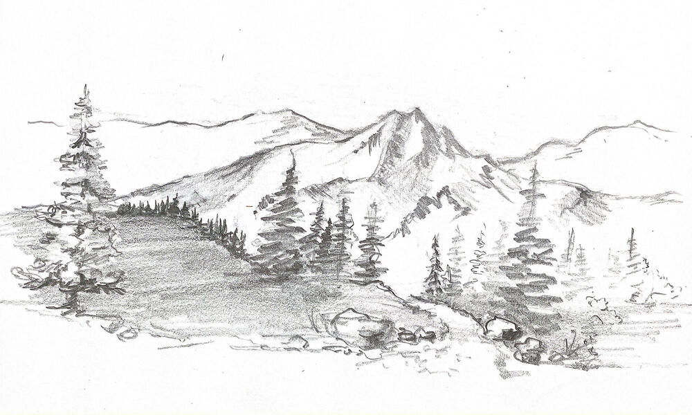 Pencil drawing of mountain landscape