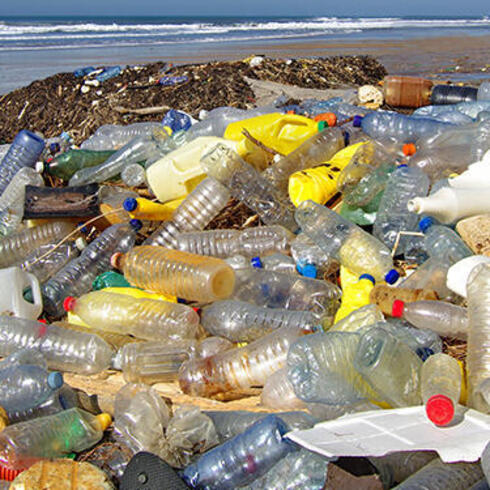 Plastic bottles on beach