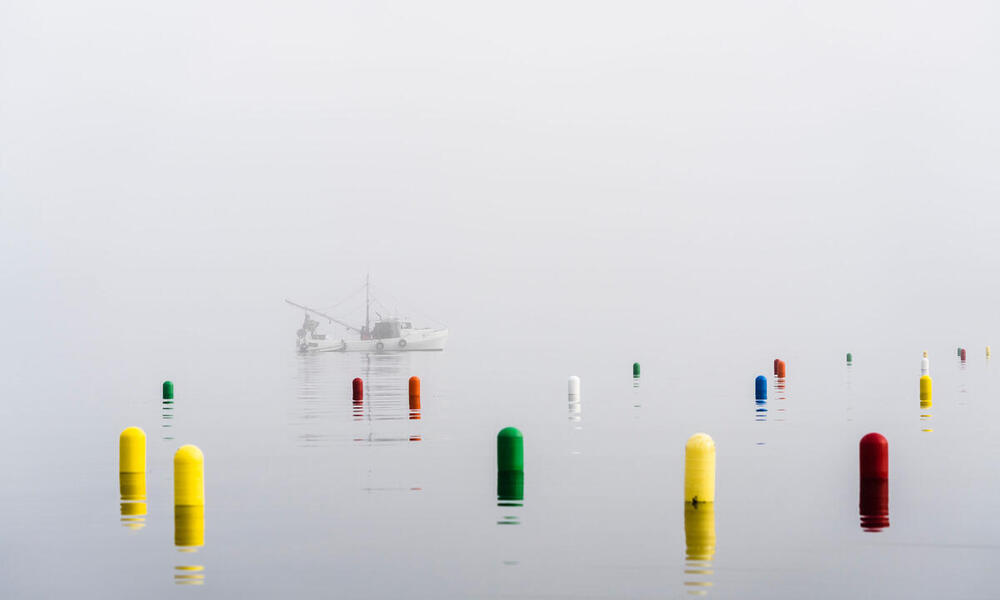 buoys mark seaweed farm off coast of Falmouth, Maine with boat in distance