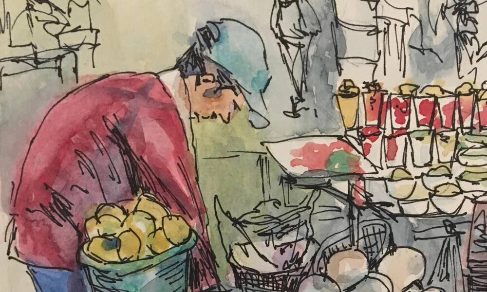 Painting of a person shopping at a market