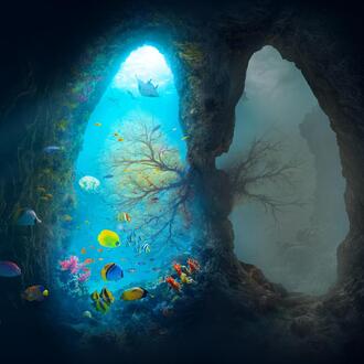 An illustration that shows underwater life in the shape of lungs