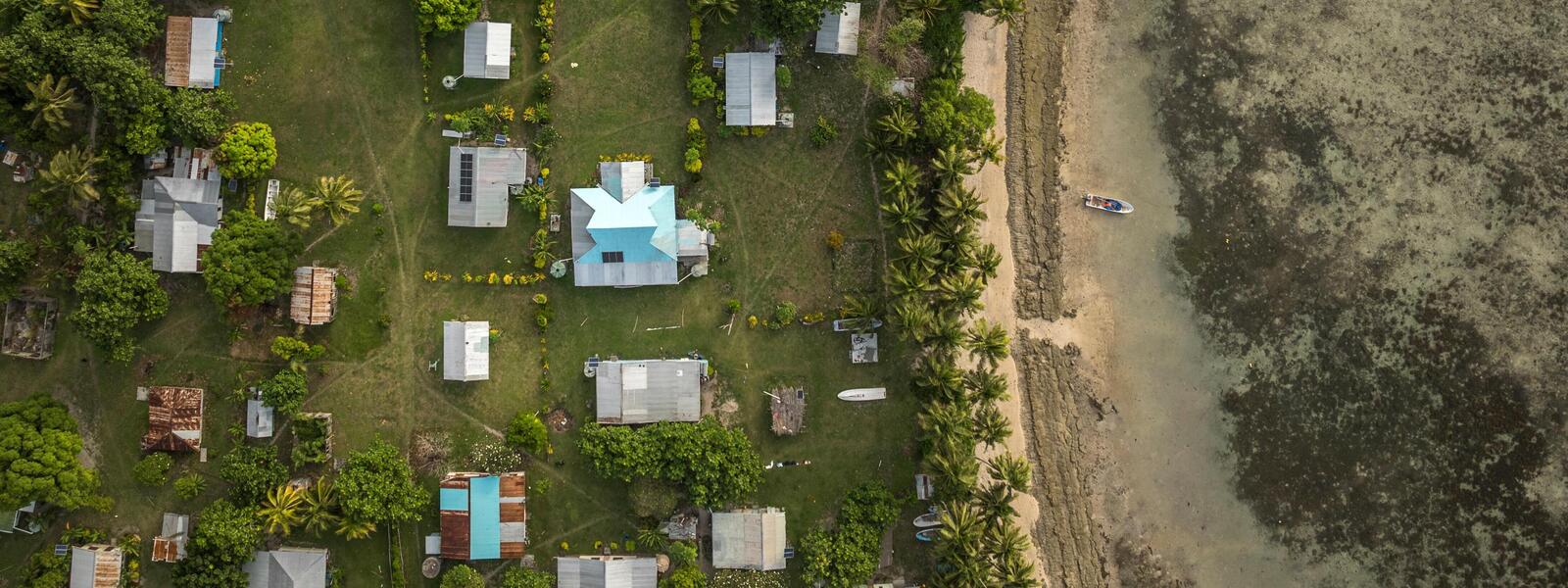 Aerial view of coastal Nacula Village on Yasawa Islands, Village