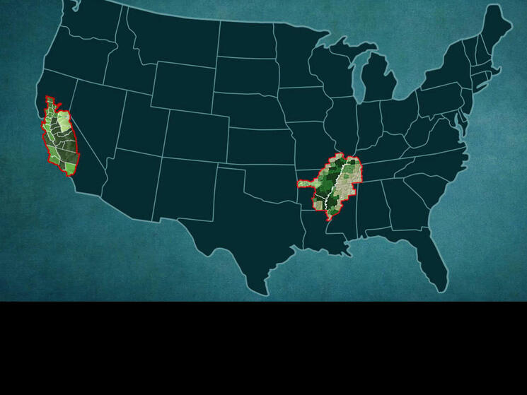 A map of the US highlighting portions of California and the Mississippi Delta area