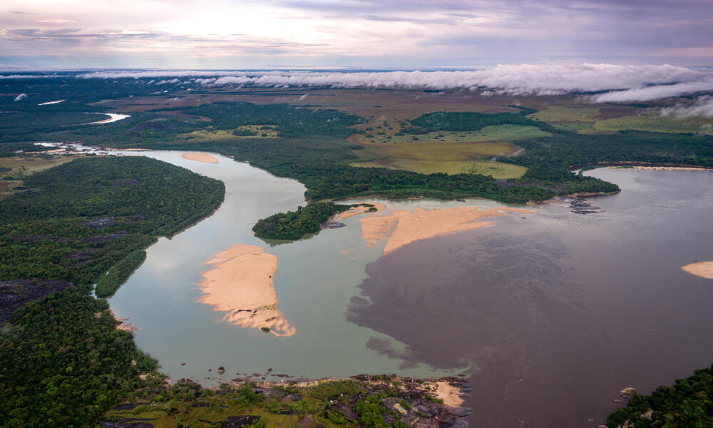 Aerial photo of Orinoco River and tepui of Colombia.