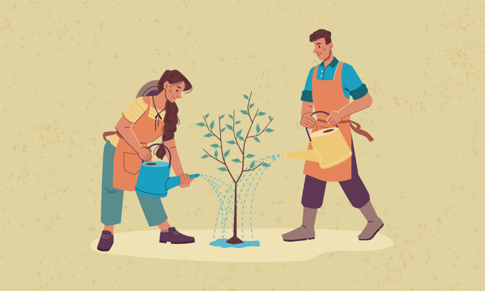 Illustration of 2 people watering a plant