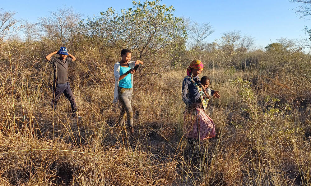 Three people walking through brown grass