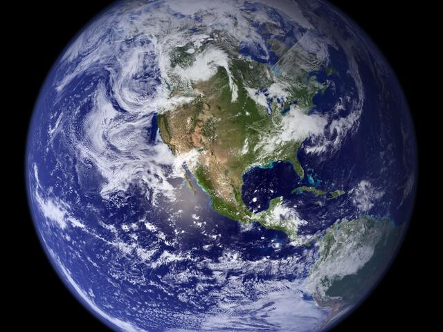 Planet Earth from space showing North America and the Atlantic and Pacific Oceans.
