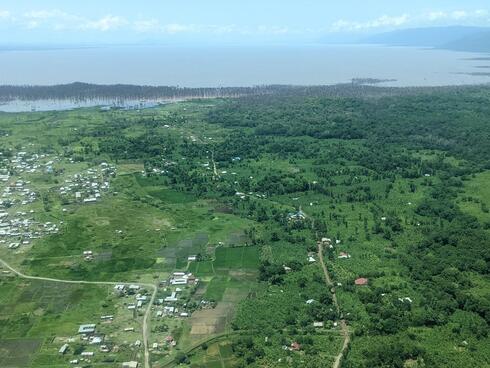 An aerial view of a green landscape interspersed with homes and fields.