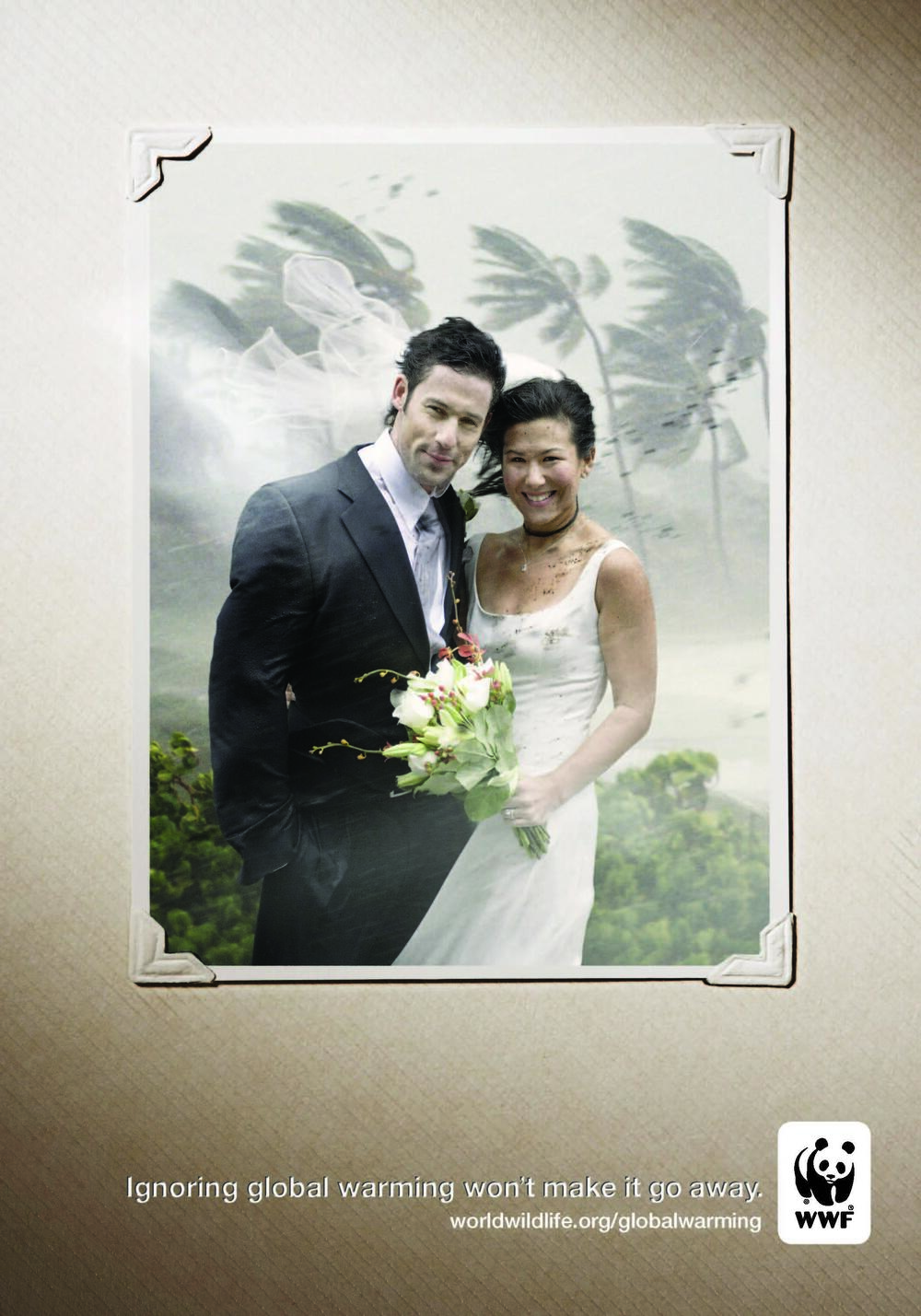 PSA: Image of wedding couple in a simulated hurricane in a tropical locale