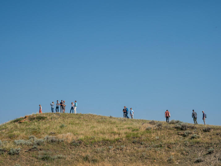 A group of people stand on a hill in the distance