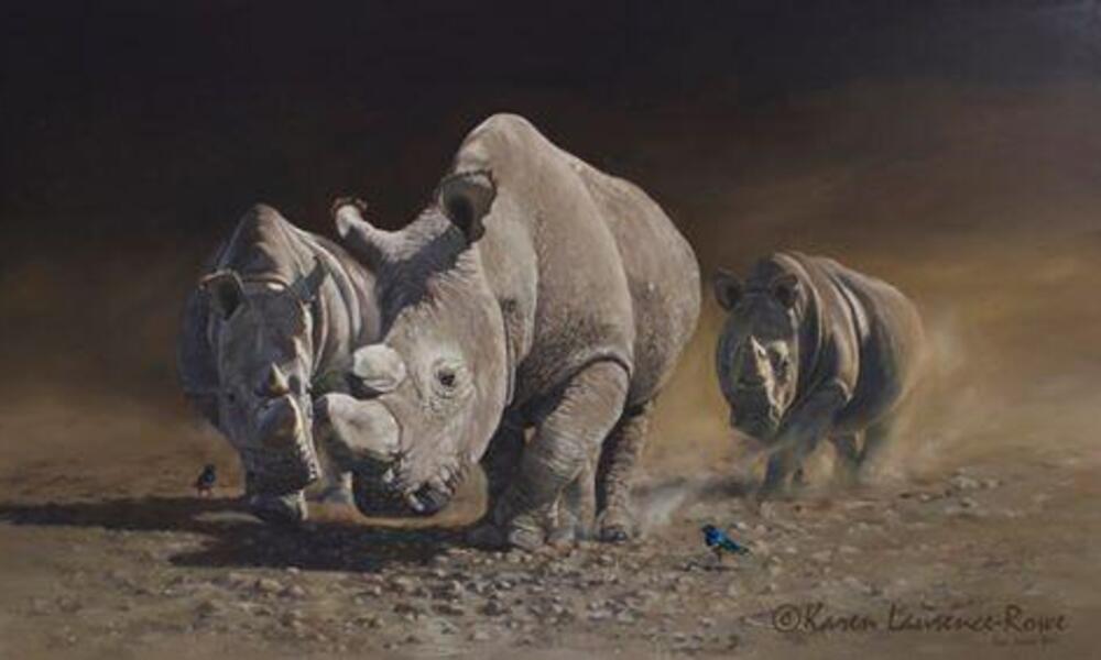 Painting of rhinos charging