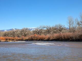 A wide river flows amid a backdrop of trees and mountains