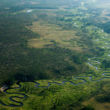 An aerial view of a meandering river at Bristol Bay, Alaska, United States.