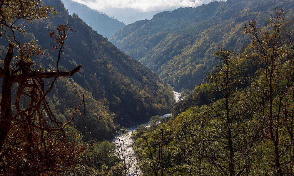 A river running through a valley in Trongsa district, Bhutan.
