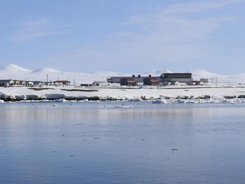 A snow land meets sea, with a few houses 