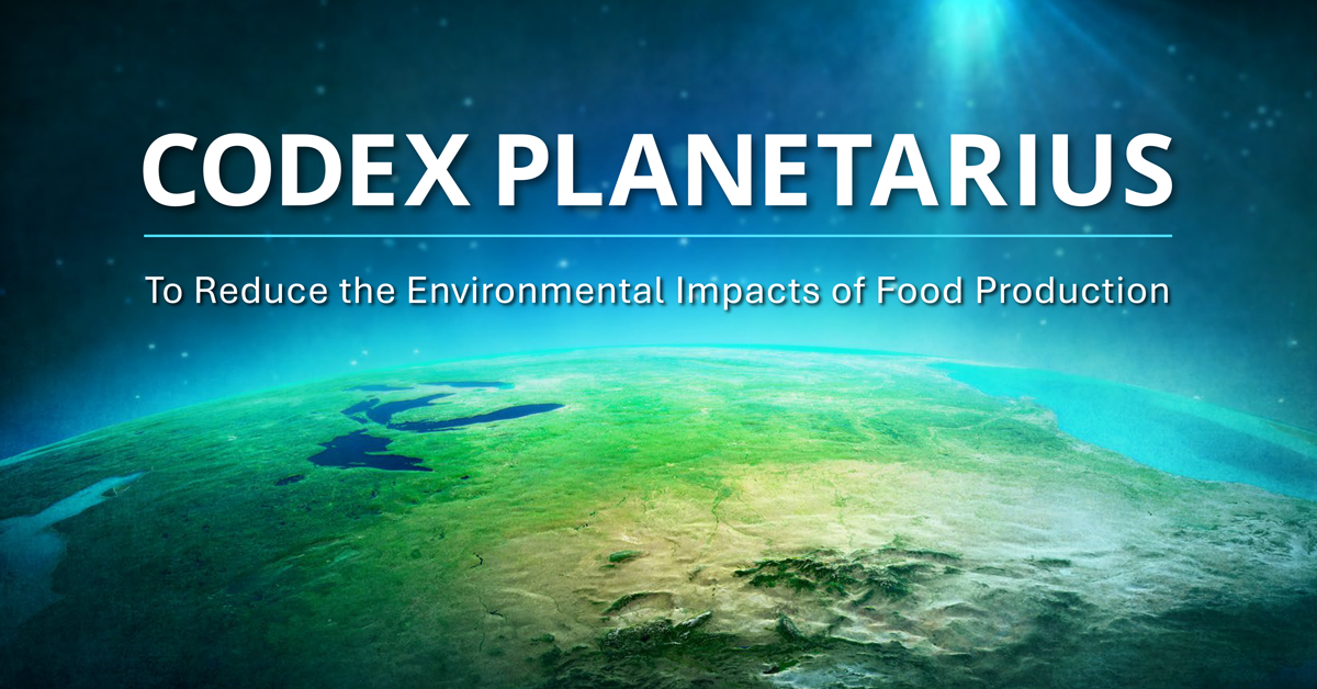 Image of a green planet from space. The text reads Codex Planetarius, with a subtitle of 'to reduce the environmental impacts of food production'.