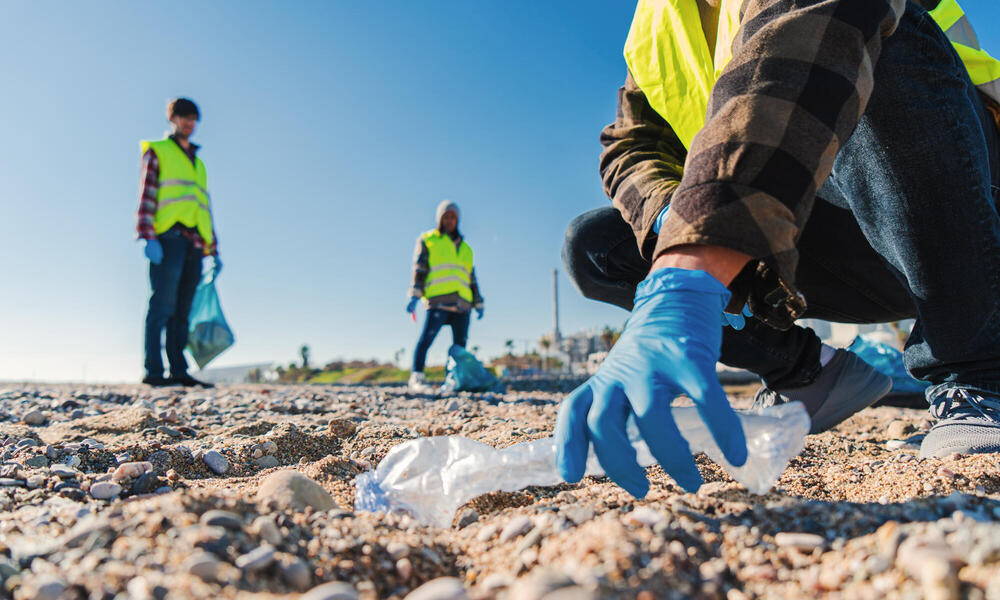 People picking up trash on beach