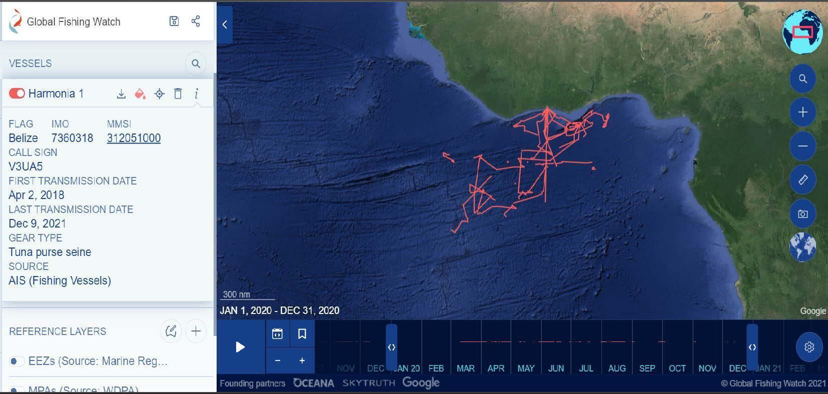 A closer view of fishing vessel track lines off the coast of West Africa
