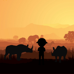 Illustration of park ranger outside with elephants and rhinos