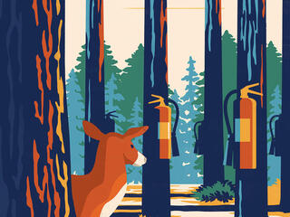 Illustration of deer in woods with fire extinguishers on trees