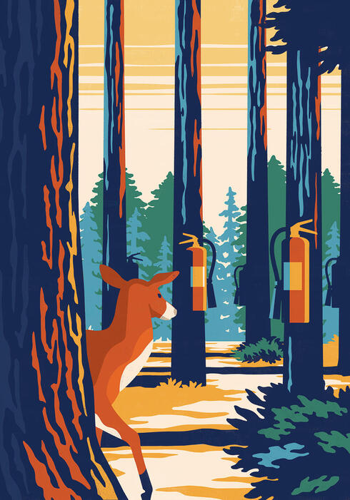 Illustration of deer in woods with fire extinguishers on trees
