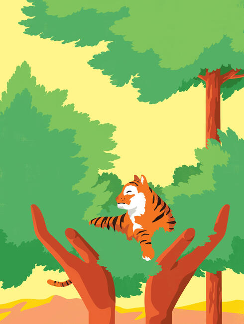 Illustration of 2 hands holding a tiger