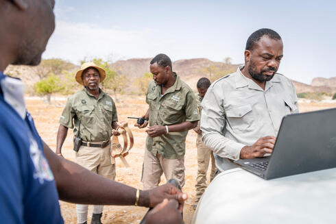 Uakendisa Muzuma stands at a truck checking his laptop as the team prepares to track a lion for satellite collaring