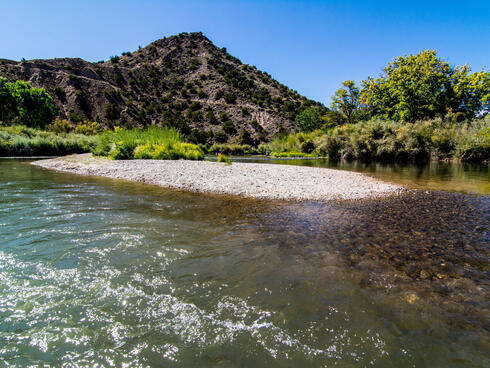 A sunny day over a bend in the Rio Grande River with trees and a rocky beach