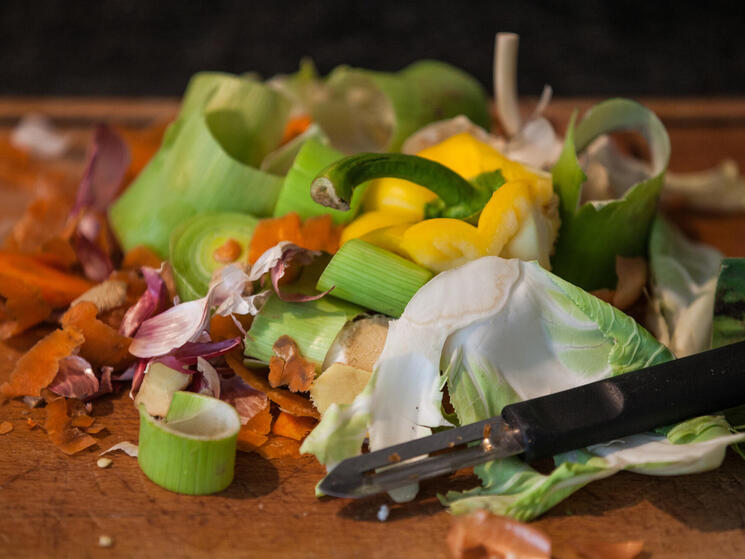 Vegetable waste on a cutting board