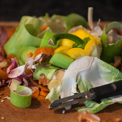 Vegetable waste on a cutting board