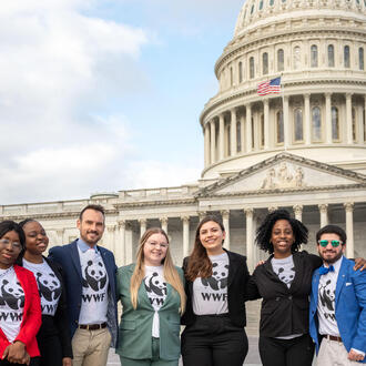 A group of people in WWF shirts stand in a line in front of the US Capitol Building
