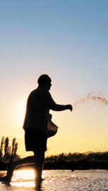 Vertical screenshot of the opening frame of Codex Planetarius social share video. A fisherman throws fish bait across the water. Their silhouette is against a cloudless sky at dawn or dusk.