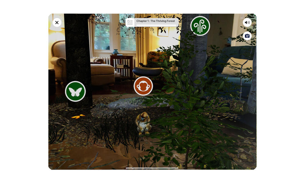 Screen image of room with AR monkey and trees