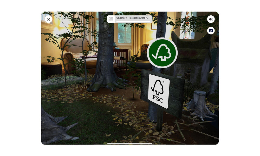 Screenshot of room with AR forest and FSC logo