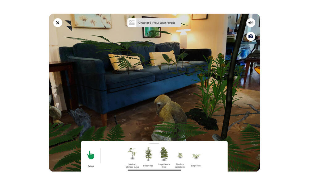Screenshot of room with AR forest and monkey