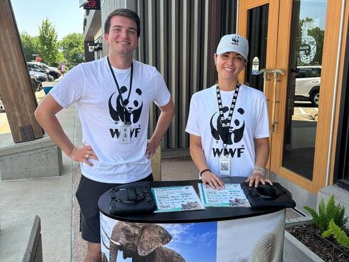 Two young people with WWF t-shirts at a sidewalk kiosk