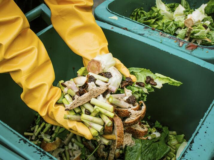 Reaching into a bin of compost waste.