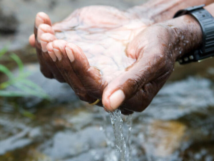 Close-up of cupped hands holding water over a stream