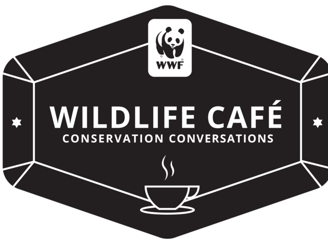 A dark gray diamond shape. Inside it the text reads 'Wildlife Cafe Conservation Conversations'. There is a icon of a steaming coffee cup. The WWF logo is at the top.