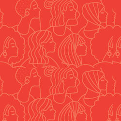 Line illustrations of various side profiles of women on an orange background