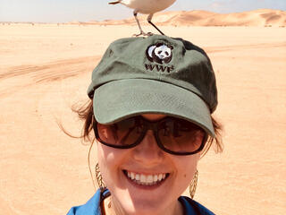 Closeup of Zdilla at beach with bird on head